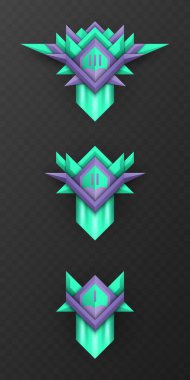 Oyun seviyesi ilerleme rozetleri, sıra simgeleri, başarı madalyaları, lavanta ve yeşil temada UI tasarım unsurları