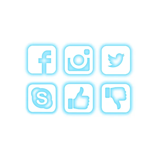 Icone Dei Social Media Con Effetto Neon Blu Vettoriale Illustrazione — Vettoriale Stock