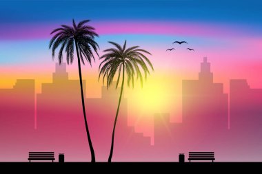 Beach side ve tropikal palmiye ağaçları ile şehir günbatımı manzara arka plan, vektör, illüstrasyon, eps 10 dosya