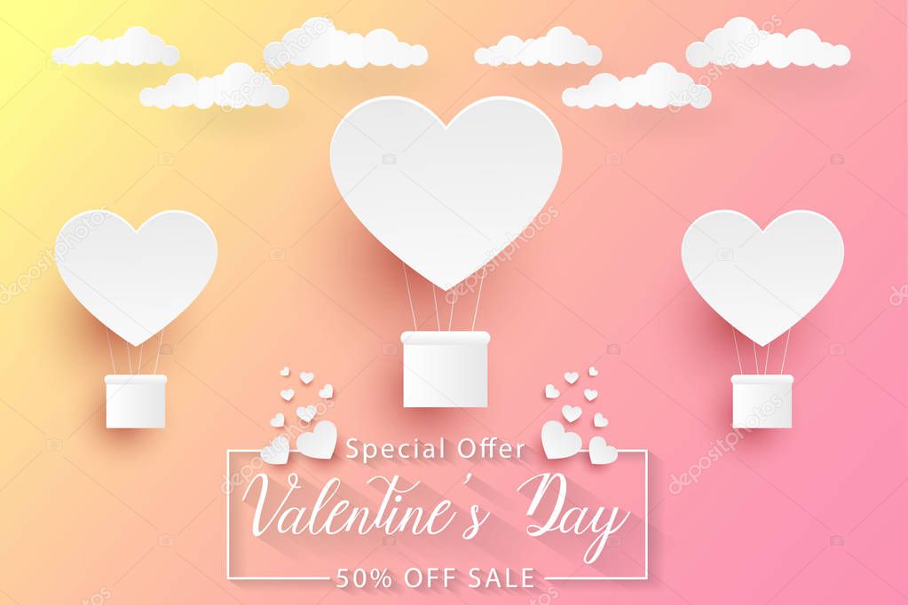 Valentines day sale, colorful paper art background with heart balloons, vector, illustration, eps file