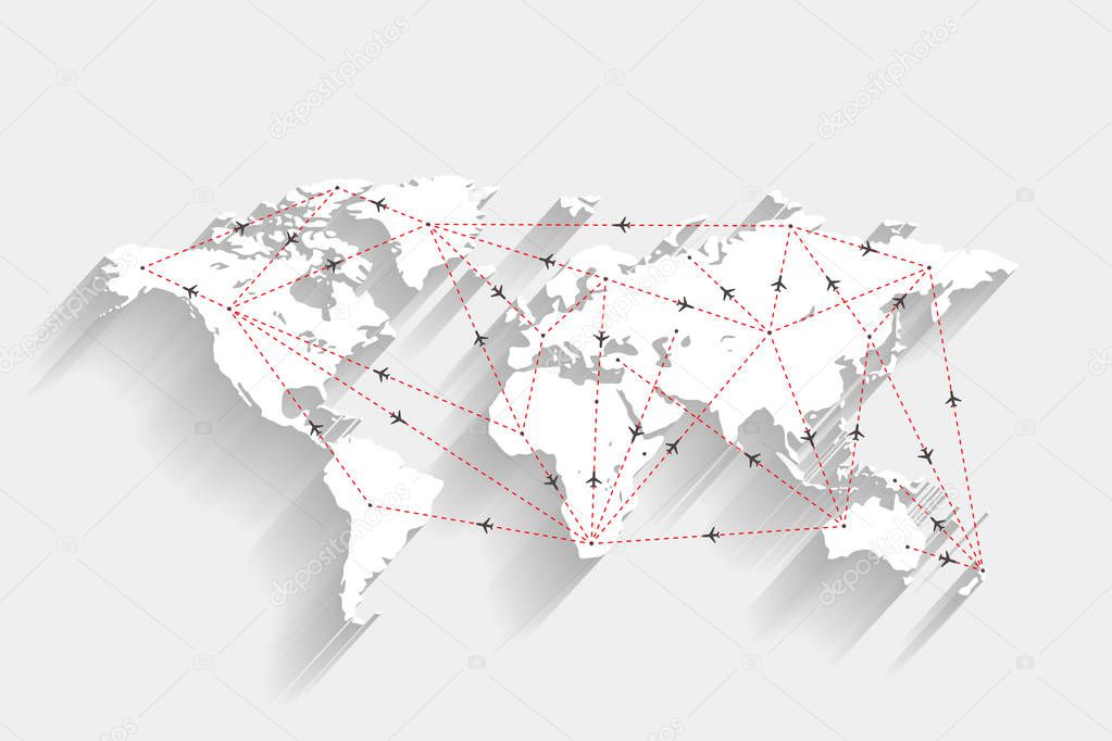 Airport and airplane routes on white world map, vector