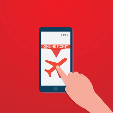 Kırmızı ekranda uçak simgesi ile el slayt Smartphone, seyahat bilet satın, vektör