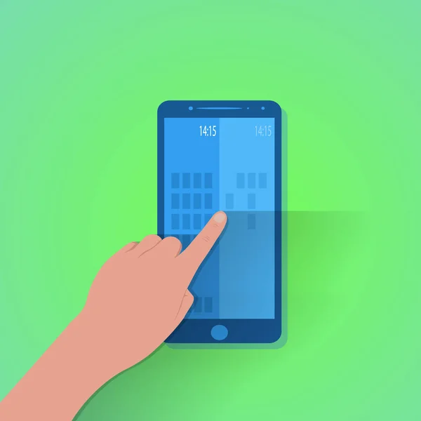Toque de dedo de la pantalla del teléfono inteligente con fondo verde, vector — Archivo Imágenes Vectoriales