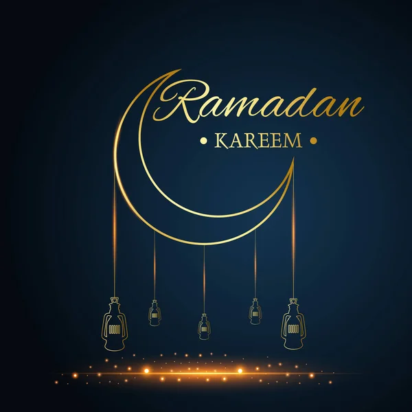 Golden Islamic Moon i wiszące lampy, Ramadan Kareem napisane z czarnym tłem, wektor — Wektor stockowy