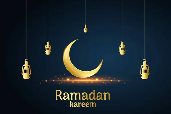 Lua islâmica dourada e lâmpadas penduradas, kareem ramadan escrito com fundo preto, vetor —  Vetores de Stock