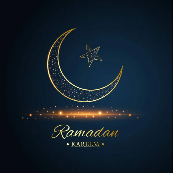 Altın İslam ay ve yıldız, ramazan kareem siyah ve koyu mavi arka plan, vektör ile yazılmış