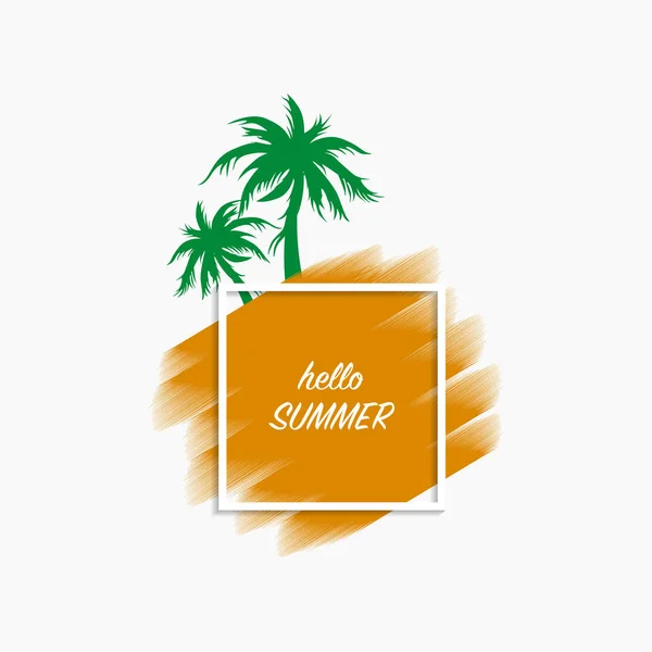 Γεια σας το καλοκαίρι μοντέρνο πανό λευκό φόντο με πορτοκαλί χρώμα εγκεφαλικό επεισόδιο και πράσινα φοίνικες, διάνυσμα — Διανυσματικό Αρχείο