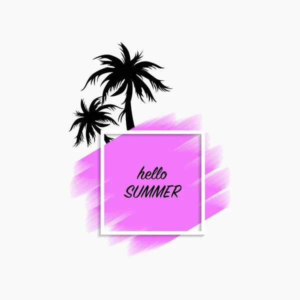 Γεια σας καλοκαίρι μοντέρνο πανό λευκό φόντο με μοβ εγκεφαλικό επεισόδιο και μαύρες φοίνικες, διάνυσμα — Διανυσματικό Αρχείο
