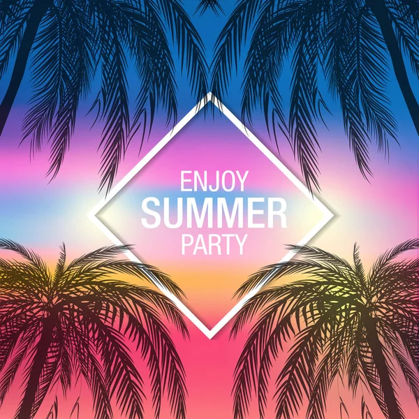 Palmer Silhouette moderna Summer Party banner med färgglada bakgrund, vektor — Stock vektor