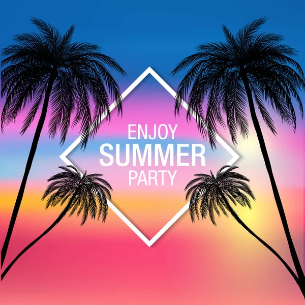 Palmer Silhouette moderna Summer Party banner med färgglada bakgrund, vektor — Stock vektor
