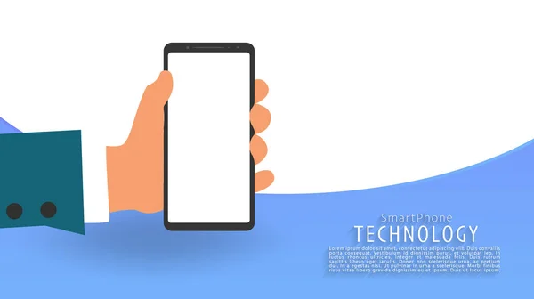 手にスマートフォン 青い縞模様の背景 着陸ページ ベクトル イラスト Epsファイル — ストックベクタ