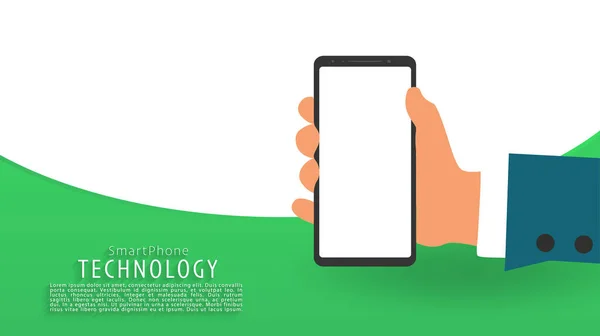 手にスマートフォン 緑の縞模様の背景 着陸ページ ベクトル イラスト Epsファイル — ストックベクタ