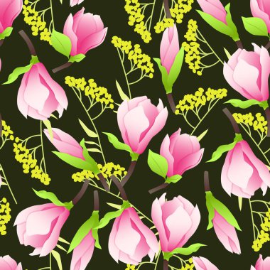 Pembe manolya çiçeklerinin pürüzsüz deseni ve koyu yeşil arka planda küçük sarı olanlar.