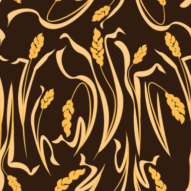 Koyu kahverengi arka planda yaprakları olan kusursuz buğday deseni.