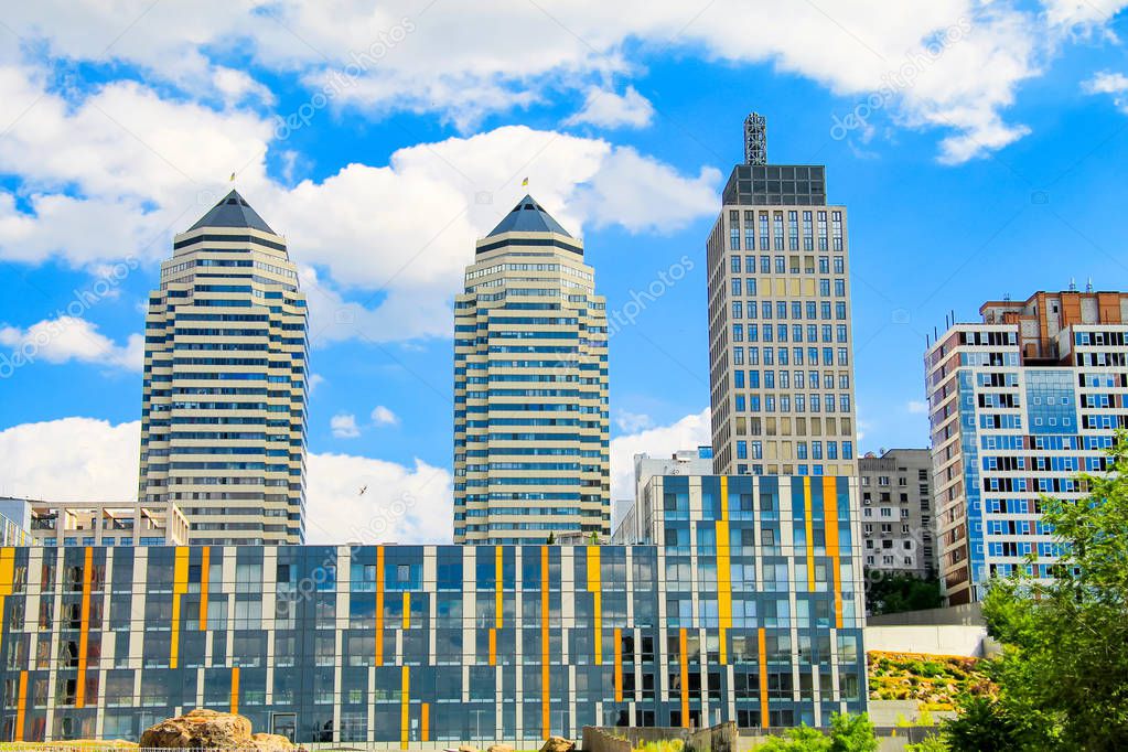View of the towers and skyscrapers in the center of the Dnipro city (Dnepropetrovsk, Dnepr), Ukraine