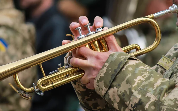 Musician Military Band Ukrainian Army Plays Trumpet March Armed Forces — Stock Photo, Image