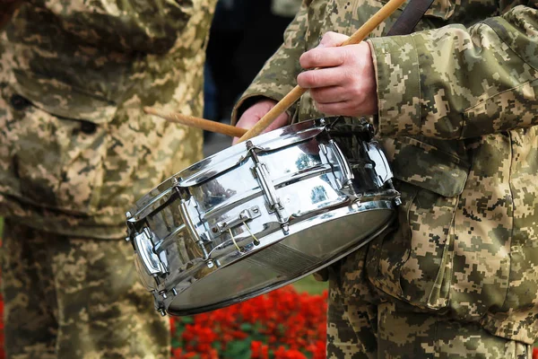 Musician Military Band Ukrainian Army Plays Drum Drummer Armed Forces — Stock Photo, Image