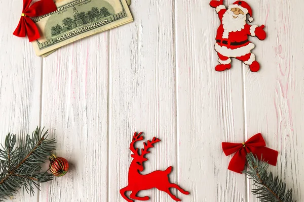 Old Wooden Light Christmas Background Stack Dollars Red Bows Funny — Stock Photo, Image