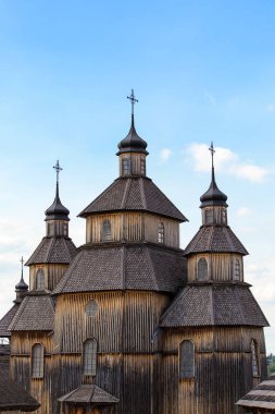Ukrayna 'nın Ukrayna' nın Zaporozhye kentindeki Khorytsya adasındaki eski ahşap Ortodoks Hıristiyan Kilisesi Zaporizhya Kazakları