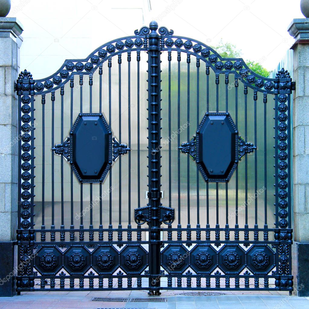 Beautiful blue decorative classic automatic metal gates. Wrought iron gates made of cast metal. Decor of the fence and house entrance.