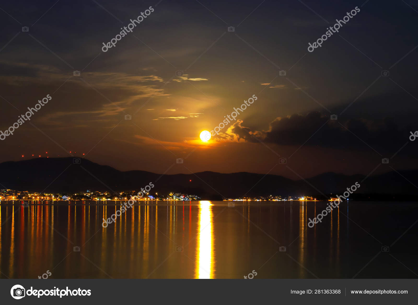 Picturesque Night Sea River Ocean Landscape A Beautiful Full Moon Over The Sea Bay The Light Of The Moon And Lanterns Reflected On The Calm Water Sibenik Croatia Stock Photo C