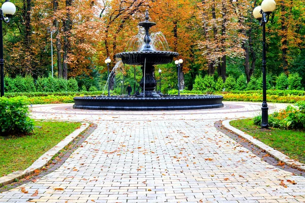 Podzimní městská krajina. Krásná stará fontána v podzimním parku po dešti. Mariinský park v blízkosti parlamentu Ukrajiny, Verchovna Rada, město Kyjev — Stock fotografie