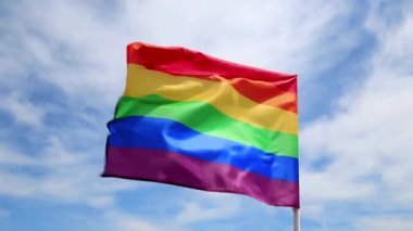 Mavi gökyüzüne el sallayan bir LGBT örgütünün gökkuşağı bayrağı. LGBT gurur bayrakları arasında lezbiyenler, geyler, biseksüeller ve transseksüeller yer alıyor.