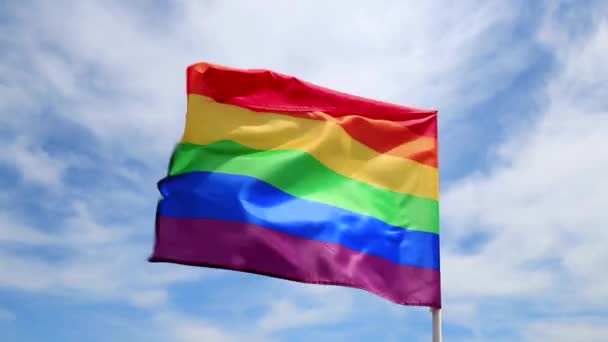 Regenboogvlag Van Een Lgbt Organisatie Zwaaiend Tegen Een Blauwe Lucht — Stockvideo