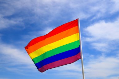 Mavi gökyüzüne el sallayan bir LGBT örgütünün gökkuşağı bayrağı. LGBT gurur bayrakları arasında lezbiyenler, geyler, biseksüeller ve transseksüeller yer alıyor.