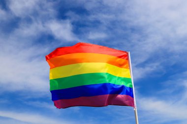 Mavi gökyüzünde sallanan LGBT organizasyonunun gerçekçi gökkuşağı bayrağı. LGBT gurur bayrakları arasında lezbiyenler, geyler, biseksüeller ve transseksüeller yer alıyor.