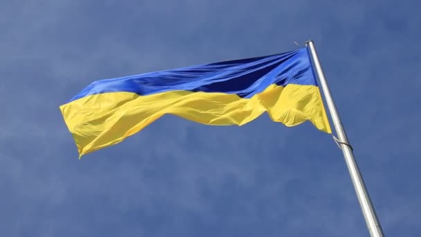 乌克兰的国旗在蓝天上飘扬 国庆节宪法 独立日 国旗日 卫士日中的蓝色爱国乌克兰国旗 乌克兰第聂伯鲁市 — 图库视频影像
