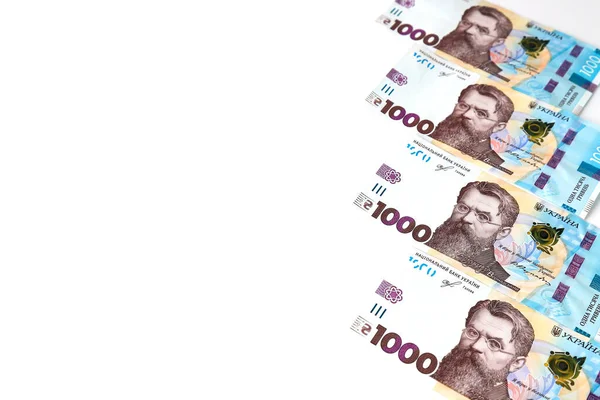 Українська Гривня Нові Банкноти 1000 Гривень Білому Тлі Діагональне Положення — стокове фото