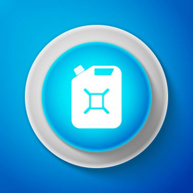 Beyaz kutu üzerinde mavi arka plan izole benzin simgesi. Dizel benzin simgesi. Beyaz çizgili daire mavi düğme. Vektör çizim