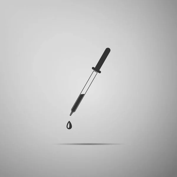 Icône pipette isolée sur fond gris. Élément d'équipement médical, de laboratoire de chimie. Pipette avec goutte. Symbole médical. Design plat. Illustration vectorielle — Image vectorielle