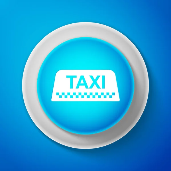 Táxi branco sinal do telhado do carro isolado no fundo azul. Círculo botão azul com linha branca. Ilustração vetorial — Vetor de Stock