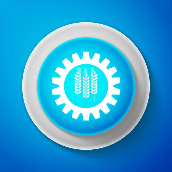 Vete och redskap ikonen isolerad på blå bakgrund. Jordbruk-symbol med spannmål och industriella gears. Industri- och jordbruksprodukter. Bioteknik-konceptet. Cirkel blå knapp. Vektorillustration — Stock vektor