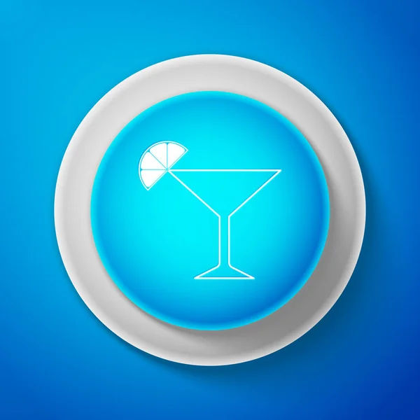 Icono de vidrio Martini blanco aislado sobre fondo azul. Cóctel con símbolo de lima. Botón azul círculo con línea blanca. Ilustración vectorial — Archivo Imágenes Vectoriales