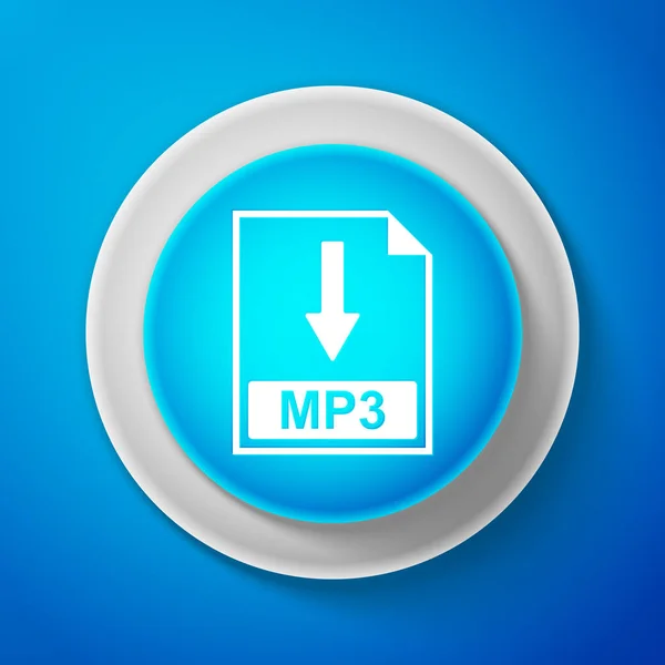 Белый значок документа в формате MP3 изолирован на синем фоне. Знак кнопки MP3. Круговая синяя кнопка с белой линией. Векторная миграция — стоковый вектор