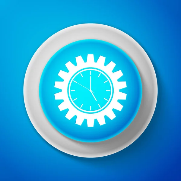 Icône d'engrenage Horloge blanche isolée sur fond bleu. Cercle bouton bleu avec ligne blanche. Illustration vectorielle — Image vectorielle