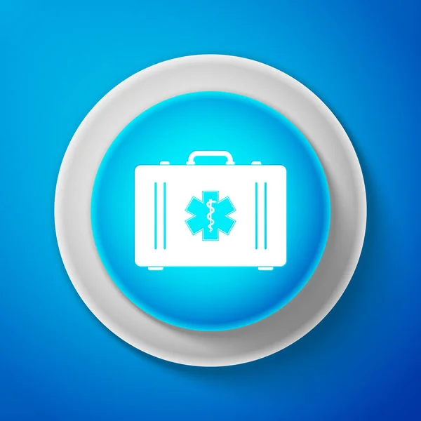 Белый ящик скорой помощи и медицинский символ МЧС - значок "Звезда Жизни" на синем фоне. Круговая синяя кнопка с белой линией. Векторная миграция — стоковый вектор