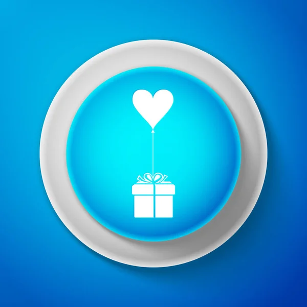 White Gift with balloon in shape of heart icon isolated on blue background. Valentine's day, wedding, birthday card. Circle blue button with white line. Vector Illustration — Stock Vector