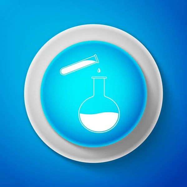 화이트 테스트 튜브 고 플라스 크-화학 실험실 테스트 아이콘 파란색 배경에 고립. 실험실 유리 그릇 기호입니다. 화이트 라인 블루 원형 버튼입니다. 벡터 일러스트 레이 션 — 스톡 벡터