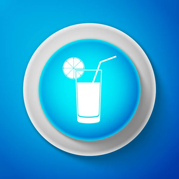 Weißes Glas Saft-Symbol isoliert auf blauem Hintergrund. Orangenscheibe und Schlauch zum Trinken. gesunde biologische Lebensmittel. Kreis blauer Knopf mit weißer Linie. Vektorillustration — Stockvektor