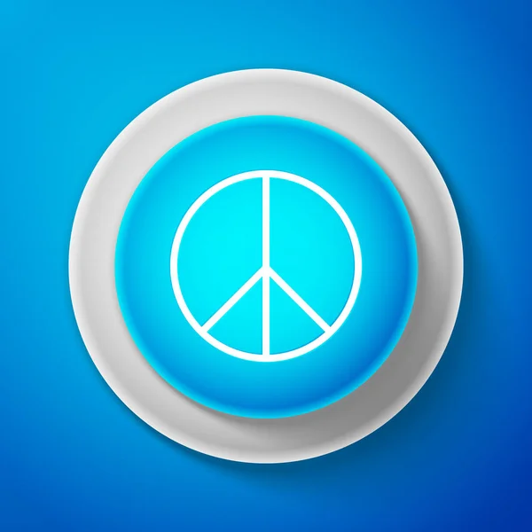 Beyaz barış üzerinde izole mavi arka plan oturum açın. Hippi barış sembolü. Beyaz çizgili daire mavi düğme. Vektör çizim — Stok Vektör
