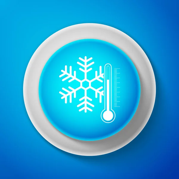 Termómetro blanco con icono de copo de nieve aislado sobre fondo azul. Botón azul círculo con línea blanca. Ilustración vectorial — Vector de stock