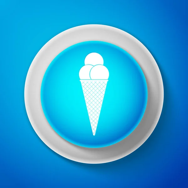 White Ice cream w wafel stożek ikona na białym tle na niebieskim tle. Koło niebieski przycisk z Biała linia. Ilustracja wektorowa — Wektor stockowy