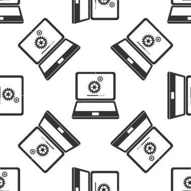 Dizüstü güncelleme işlemi ile şanzıman ilerleme ve yükleme çubuğu simgesini Dikişsiz desen beyaz arka plan üzerinde. Sistem bilgisayar yazılımı güncelleştirmek. Yükleme işlemi dizüstü bilgisayar ekranında. Düz tasarım. Vektör çizim