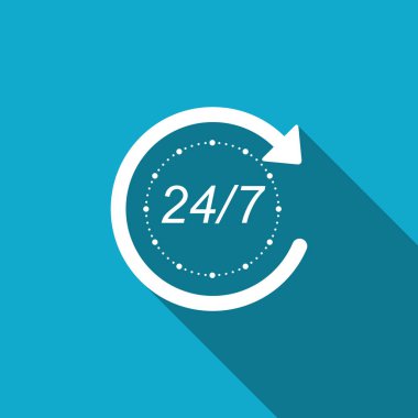 Bir gün ve 7 gün 24 saat ile uzun gölge izole bir hafta simgesini açın. Bütün gün döngüsel simgesi. Düz tasarım. Vektör çizim