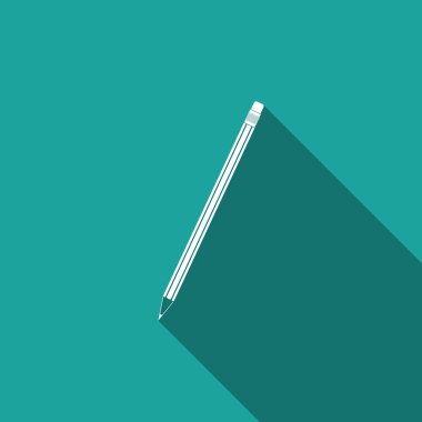 Silgi simgesi ile uzun gölge izole kalem. Eğitim işareti. Çizim ve eğitim araçları. Okul ofis sembol. Düz tasarım. Vektör çizim