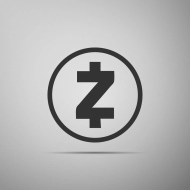 Cryptocurrency para Zcash Zec simgesi gri arka plan üzerinde izole. Fiziksel bit sikke. Dijital para. Altcoin sembolü. Blockchain dayalı güvenli kripto para birimi. Düz tasarım. Vektör çizim